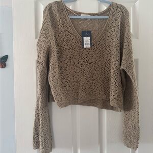 Crochet V-Neck Pullover Sweater - Taupe